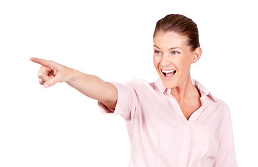 Image showing Happy woman, excited and pointing at studio advertising news, sales promotion or discount information, choice or presentation. Smile, ads and model gesture at service notification on white background