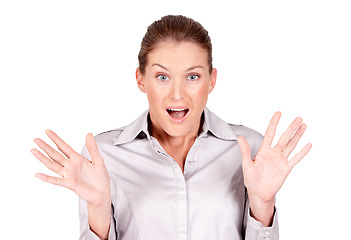 Image showing Studio portrait, surprise and business woman react to advertising news, sales promo or service information. Corporate deal, face and professional person shocked over announcement on white background