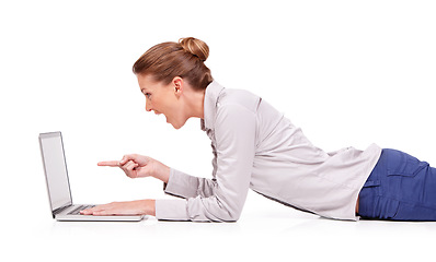 Image showing Studio laptop, excited and happy woman point at news, email promo or social media info, ads data or commercial. Wow, floor and person gesture at online shop, omnichannel or offer on white background