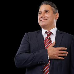 Image showing Politician, hand on chest and man with thinking, business and promotion on a dark studio background. Mature person, model and government official with confidence, opportunity and formal with politics