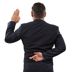 Image showing Fingers crossed, back and man with oath, liar and corruption isolated on a studio white background. Person, lawyer and government official with hand gesture, scam or dishonest with testimony or lying