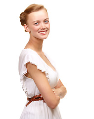 Image showing Summer, dress and portrait with arms crossed and fashion model, style or confidence in white background or studio. Happy, face and woman with a smile for dressing trendy, outfit or simple gown