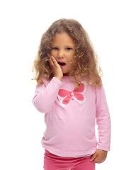 Image showing Scared, child and portrait of girl with surprise, news and announcement in white background or studio. Wow, shocked and kid with emoji reaction to scary, fear or learning crazy information in mockup