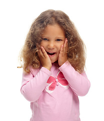 Image showing Excited, child and portrait of girl with surprise, news and announcement in white background or studio. Wow, shocked and kid with emoji reaction to giveaway, winning or celebration of competition