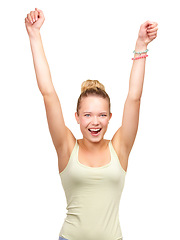 Image showing Girl, teen and celebrate cheers in studio for happy announcement, winning or achievement. Female person, wow and hands fist for smile discount prize deal or offer surprise, white background as mockup