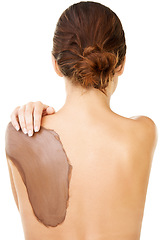 Image showing Mud, skincare and treatment on back of woman with detox or cosmetics in white background or studio. Natural, dermatology and person with application of dirt, care or exfoliate skin and body in spa