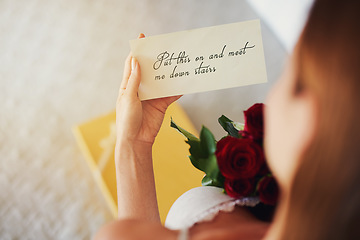 Image showing Woman, roses and letter with gift in bedroom on birthday, celebration and valentines day event in home. Girl, reading notes and back with bouquet, flowers and invitation with announcement in house