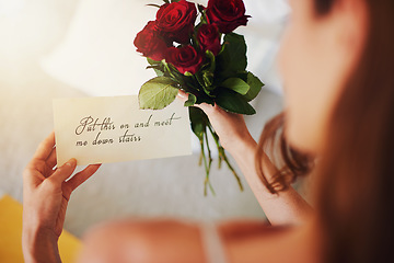 Image showing Woman, roses and note with gift in bedroom on birthday, celebration and valentines day event in home. Girl, reading letter and back with bouquet, flowers and invitation with announcement in house