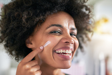 Image showing Portrait, woman and face for cream by spf in home for wellness, protection and dermatology. Black person, happy or laugh with apply for skincare by treatment, pigmentation or hydration with vitamin c