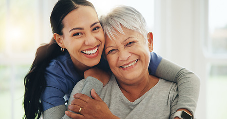 Image showing Happy woman, nurse and hug senior patient in elderly care, support or trust at old age home. Portrait of mature female person, doctor or medical caregiver hugging with smile for embrace at house