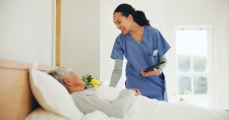 Image showing Happy woman, nurse and tablet with patient in bed, elderly care or checkup at old age home. Female person, doctor or medical caregiver smile with technology and client lying in bedroom for healthcare