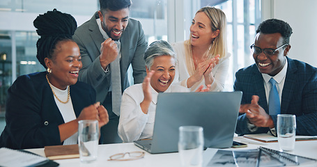 Image showing Laptop, business people and group celebrate, applause and cheers for project, revenue or achievement. Online statistics, data analytics and team clapping for success results, feedback report or news