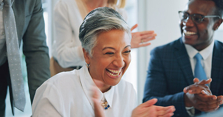 Image showing Happy woman, business people and group celebrate, applause and cheers for corporate deal, promotion or goals achievement. Group praise, winner congratulations and mature CEO clapping for success news