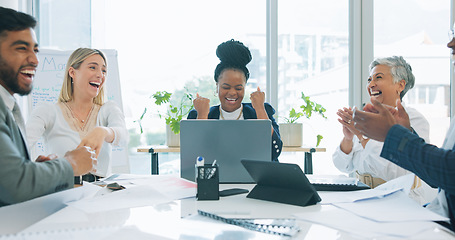 Image showing Laptop, celebration or excited business people cheers for budget funding bonus, sales increase or web announcement. Investment deal success, winner and celebrate income, revenue or profit achievement