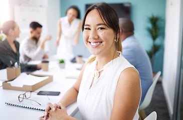 Image showing Office, business meeting and portrait of Asian woman for presentation, collaboration and discussion. Corporate, company and face of happy person with staff for teamwork, planning and project feedback