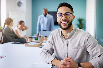 Image showing Office, meeting and portrait of business man for conversation, collaboration and discussion. Corporate team, company and face of person with staff for brainstorming, planning and project feedback