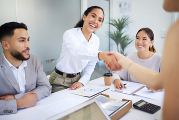Image showing Business people, handshake and finance meeting in group for promotion, onboarding or welcome to company. Women, shaking hands or happy for congratulations, hiring or thank you with teamwork in office