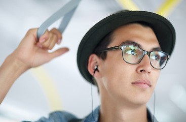Image showing Man, bus and earphones for music, commute and adventure or travel, transportation and thinking on trip. Male person, streaming radio and audio or song, playlist and journey or freedom with podcast