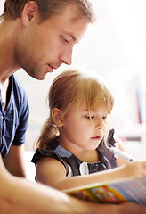 Image showing Family, father and daughter with homework for helping, bonding and learning for education in bedroom of home. People, man and girl child with homeschooling, writing in book and care on bed of house