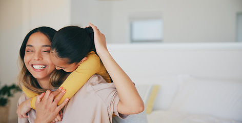 Image showing Smile, care and a mother hugging her daughter in the bedroom of their home in the morning together. Family, love and a happy young girl embracing her single parent while on a bed in their apartment