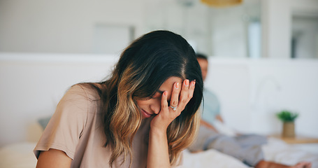 Image showing Frustrated couple, fight and divorce with headache in bed, disagreement or argument at home. Upset woman and man in cheating affair, toxic relationship or stress for breakup or dispute in bedroom