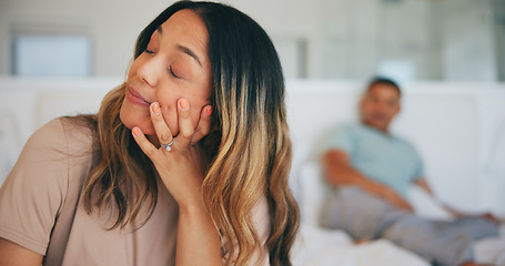 Image showing Frustrated couple, fight and ignore for divorce in bed, disagreement or argument from conflict at home. Woman or man in cheating affair, toxic relationship or stress for breakup or dispute in bedroom