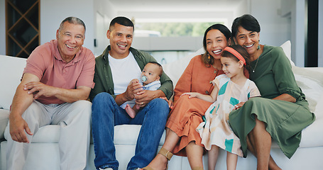 Image showing Happy, smile and portrait of big family on sofa in the living room at modern home together. Bonding, love and young kids relaxing with parents and grandparents for generations in the lounge at house.