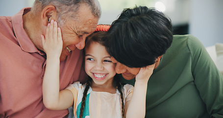 Image showing Grandparents, child and hug in portrait on sofa with happiness, love and support in home. Family, care and smile together in living room, apartment or relax on couch in house with senior couple