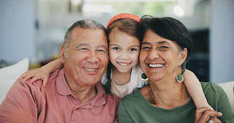 Image showing Grandparents, child and hug in portrait on sofa with happiness, love and support in home. Family, care and smile together in living room, apartment or relax on couch in house with senior couple