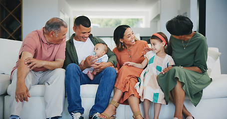 Image showing Happy, smile and big family on sofa in the living room at modern home together in Mexico. Bonding, love and young kids relaxing with parents and grandparents for generations in the lounge at house.