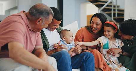 Image showing Love, smile and happy big family on sofa in the living room at modern home together. Bonding, care and young kids relaxing with parents and grandparents for generations in the lounge at house.