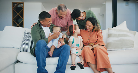 Image showing Happy, smile and big family on sofa in the living room at modern home together in Mexico. Bonding, love and young kids relaxing with parents and grandparents for generations in the lounge at house.