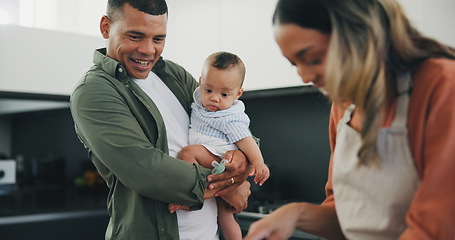 Image showing Family, smile and cooking in closeup, love and bonding in kitchen, relax and support or laughing at home. Happy parents and baby, connect and hug or embrace, fun and humor or joyful conversation