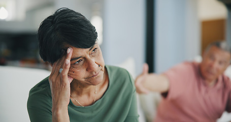 Image showing Senior couple, fight and divorce or headache, drama and disagreement on couch. Elderly people, breakup and argument on debt, toxic marriage and gambling problem or stress, mistake and conflict