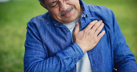 Image showing Senior man, heart attack and chest pain at park, medical healthcare emergency and lung discomfort outdoor. Elderly person, garden and breathing problem, cardiac arrest and sick, injury or heartburn