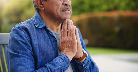 Image showing Elderly, man or hands praying outdoor for religion, worship and support for jesus christ in garden of home. Senior, person and prayer for thank you, gratitude and trust in God for praise or salvation