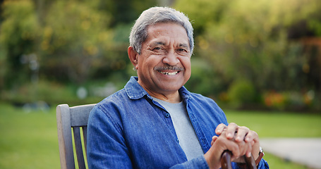 Image showing Senior man, portrait or smile by walking stick in nature or sunshine wellness on retirement. Face, happy or elderly pensioner person with a disability in garden, relax or cane for arthritis with gout