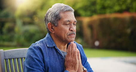 Image showing Senior, man or hands praying outdoor for religion, worship and support for jesus christ in garden of home. Elderly, person and prayer for thank you, gratitude and trust in God for praise or salvation