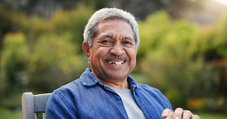 Image showing Senior man, portrait and bench with happy for relax wellness, gratitude and confident in nature on retirement. Face, smile and elderly pensioner in mexico garden, calm and leisure outdoor on weekend