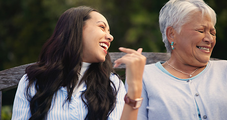 Image showing Laughter, senior and mother with daughter on bench, nature and comedy joke for wellness in park. Mature person, happy and woman for together in lounge, bonding and love care with funny chat in garden