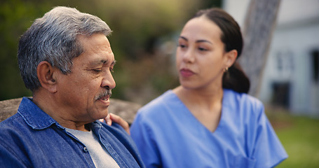 Image showing Woman, nurse and senior patient on park bench in elderly care, support or outdoor trust. Female person, medical caregiver or doctor with mature man in retirement, relax or fresh air in nature outside