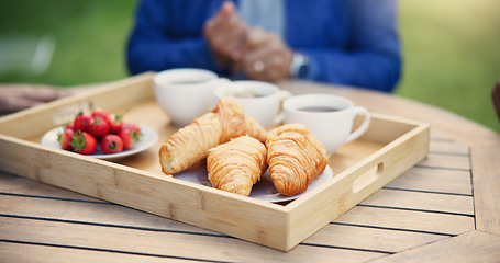 Image showing Nutrition, breakfast and tray for morning, tea and fruit for diet, pastry and crossiants with strawberry, food or cup. Healthy living, fiber and beverage for thirst, coffee and fresh meal in backyard