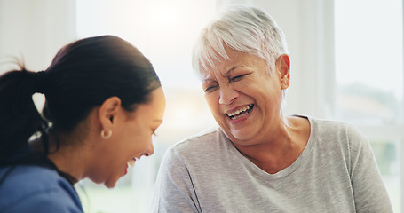 Image showing Happy woman, doctor and senior patient laughing in elderly care for funny joke, humor or comedy at old age home. Nurse or medical caregiver smile or laugh with mature person in bonding at house