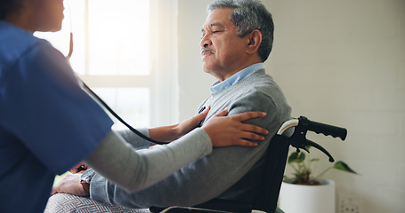 Image showing Man, nurse and senior in wheelchair for blood pressure, monitoring or elderly care at old age home. Doctor or medical caregiver for BPM stethoscope of mature patient person with a disability at house