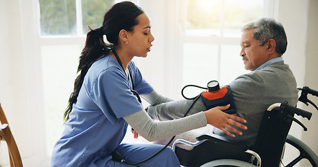 Image showing Man, doctor and senior in wheelchair for blood pressure, monitoring or elderly care at old age home. Nurse or medical caregiver checking BPM of mature patient or person with a disability at house