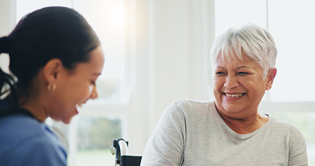 Image showing Happy woman, nurse and senior patient laughing in elderly care for funny joke, humor or consultation at old age home. Doctor or medical caregiver smile and laugh with mature person with a disability