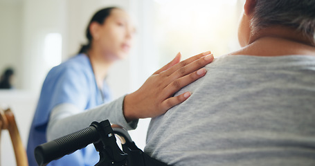 Image showing Woman, hand and nurse with patient in wheelchair for elderly care, support or trust at old age home. Closeup of medical doctor or caregiver listening to person with a disability for health advice