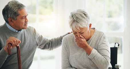 Image showing Senior, woman and cough or illness support or husband hug in home for concern, empathy or winter virus. Old person, man and comfort for bacteria infection or flu disease retirement, allergy or sick