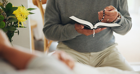 Image showing Person, bible and reading for sick woman in bed or hand rosary for prayer god religion for hope, belief or support. Man, book and helping for illness or infection virus disease, recovery or faith