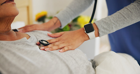 Image showing Doctor, hands and checking patient heart beat with stethoscope for healthcare or monitoring at home. Closeup of nurse or medical caregiver listening in cardiology for rate or blood pressure at house